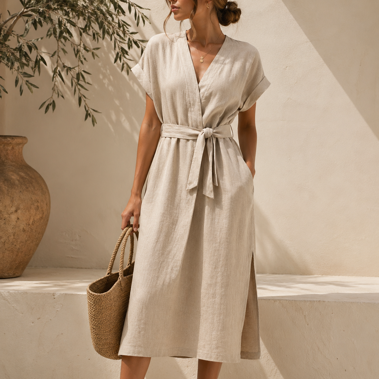 Linen Midi Dress with Belt